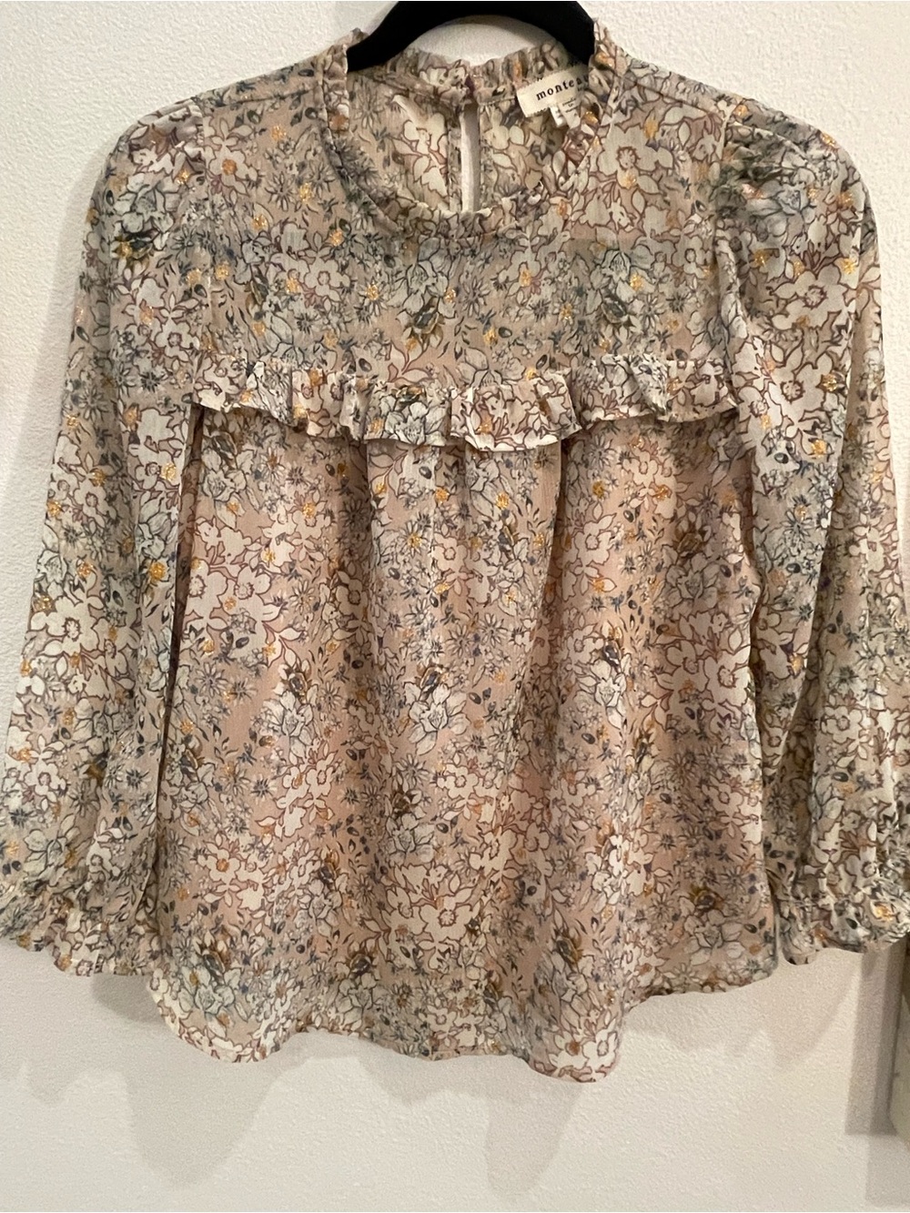 Monteau Cream Floral Ruffle Yoke Blouse